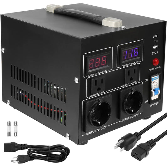 SucceBuy Voltage Converter Transformer – 2000VA/3000VA/5000VA Heavy Duty Step Up/Down with US & EU Outlets and 5V USB Port