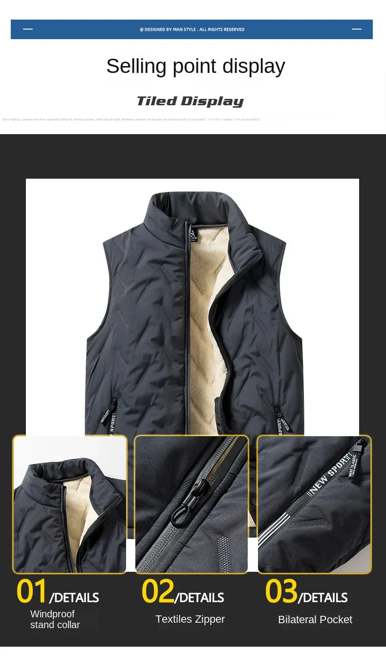 Men’s Autumn & Winter Cotton Vest Jacket – Casual Warm Sleeveless Top with Standing Collar, Plus Size Multifunctional Outerwear