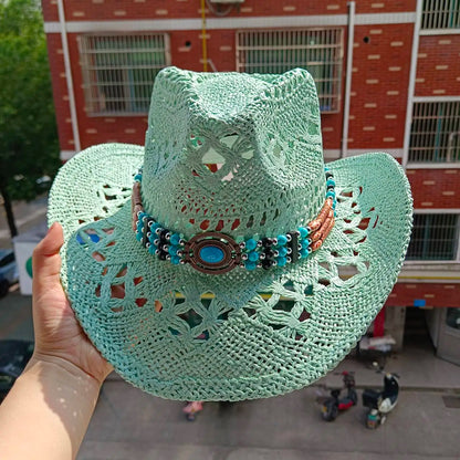 Melesh Western Women's Mint Green Cowboy Hat – Straw, Wide Brim, Plasticity Strong for Sunshine & Beach Wear