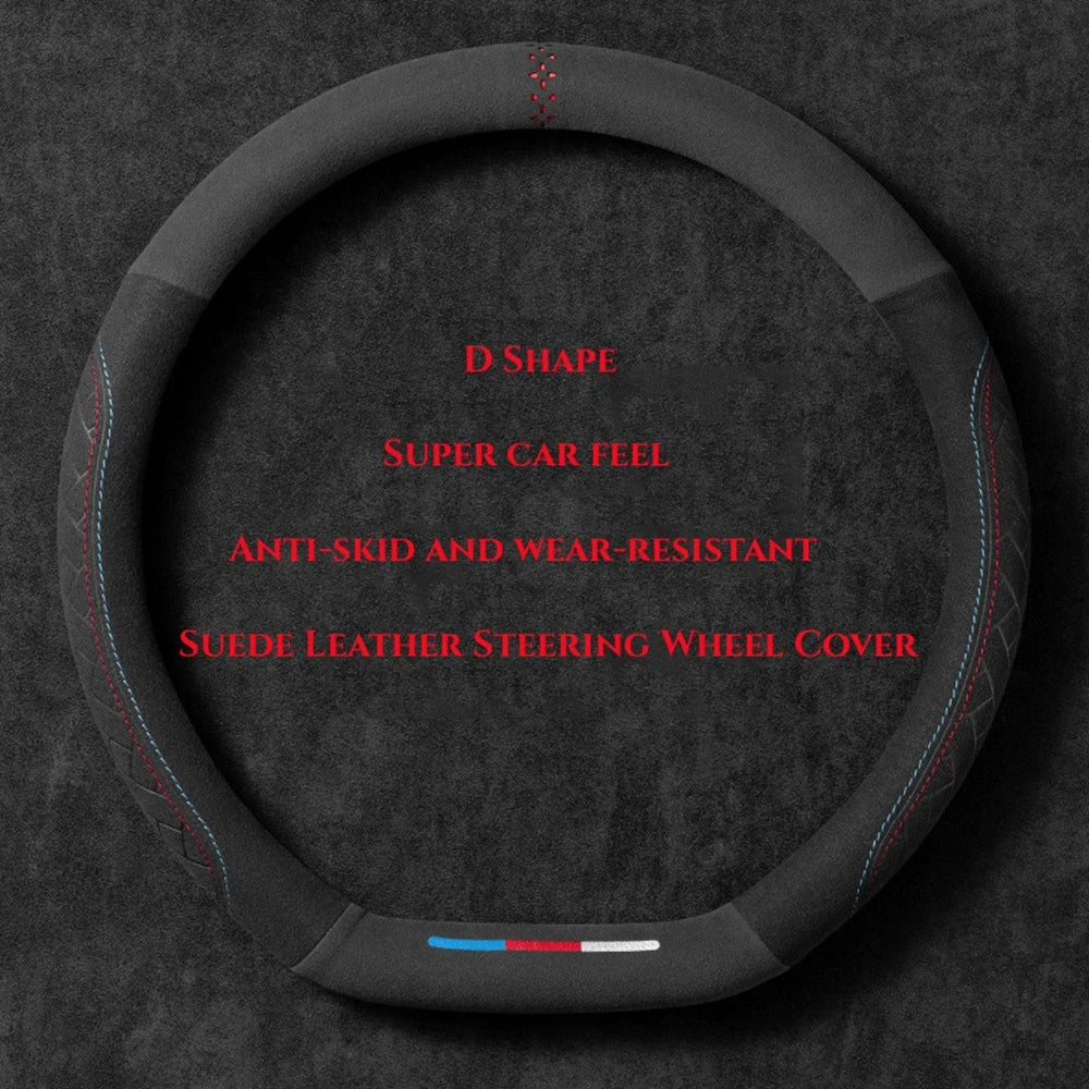 Universal Suede Leather Steering Wheel Cover – Breathable Anti-Slip Car Accessory for 37-38cm Wheels