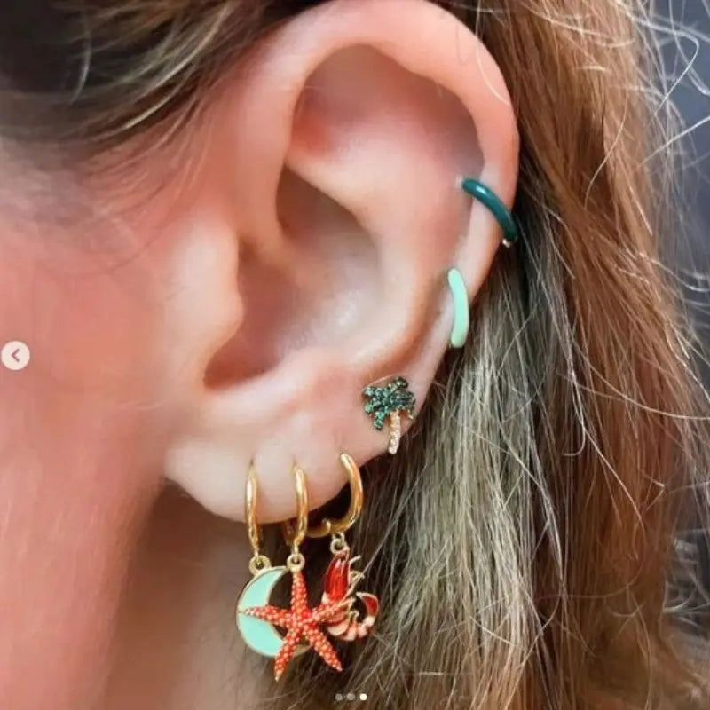 925 Sterling Silver Earrings for Women – Cute Starfish & Shrimp Pendant, Red Chili & Star Enamel Gold Fashion Jewelry