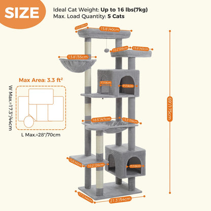 Large Cat Tree Tower – Multi-Level Plush Indoor Cat Condo with Scratching Posts, Boards, Perches & Caves