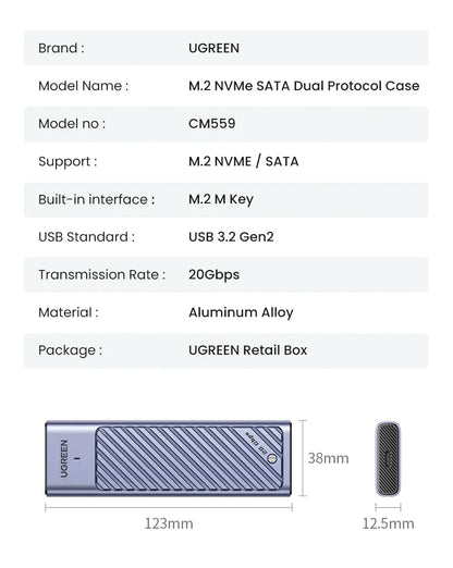 UGREEN M.2 SSD Enclosure – 20Gbps USB 3.2 Gen2 Type-C Adapter for NVMe & SATA SSD (M & B+M Key)