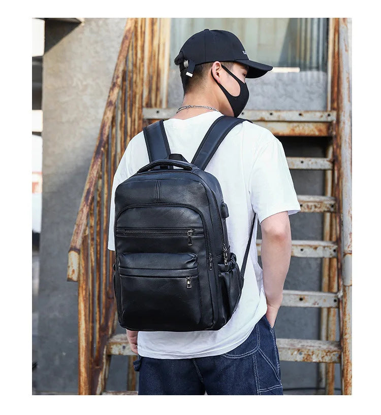 High-Quality USB Charging Backpack for Men – PU Leather Laptop Backpack for Teenagers & Boys, Large Schoolbag