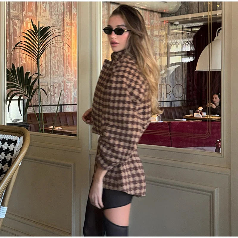 Elegant Plaid Women’s Set – Casual Full-Sleeve Zipper Jacket & High-Waist Shorts, 2025 Spring Office Outfit