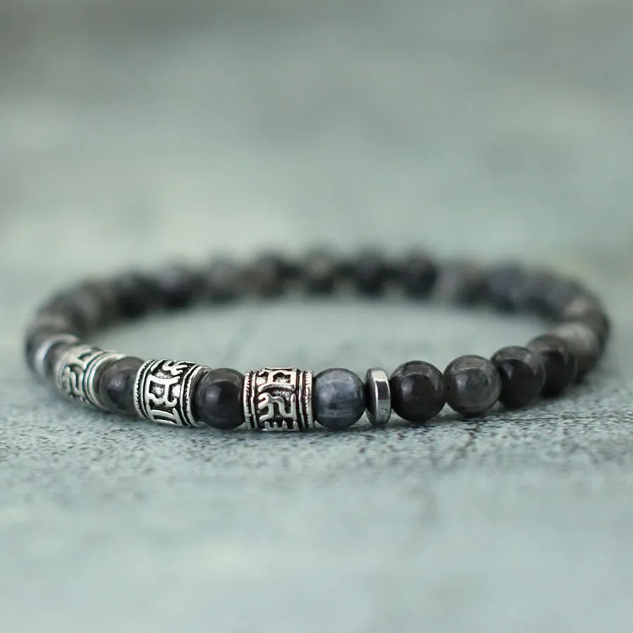Noter Mantra Bracelet for Men – 6mm Howlite, Lava, and Tiger Eye Beads, Viking Accessories, Tibetan Bracelet