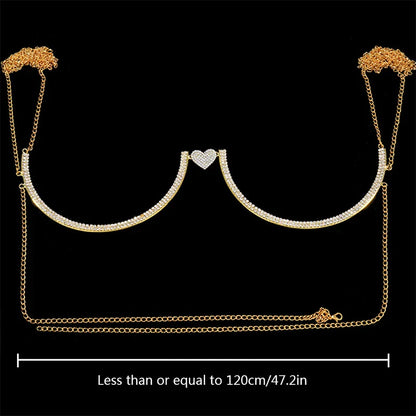 Women’s Heart Rhinestone Body Chain Bra – Chest Jewelry Bikini Halter Top with Breast Support for Parties & Banquets