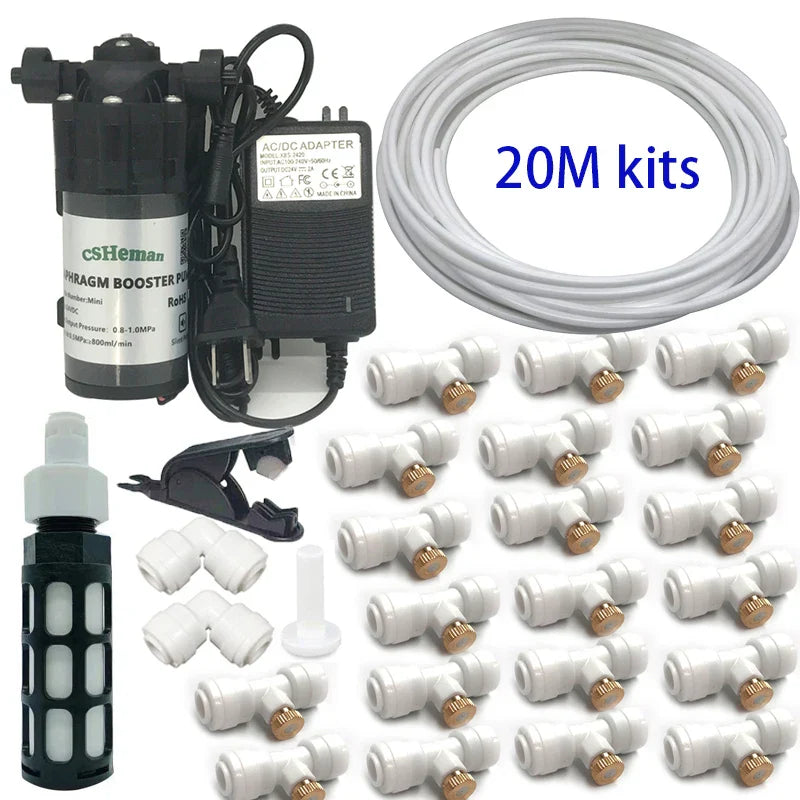 DIY Quiet Misting Cooling Kit – DC24V Pump Fog Nozzle Sprayer System for Patio, Garden, Greenhouse & Backyard Cooling
