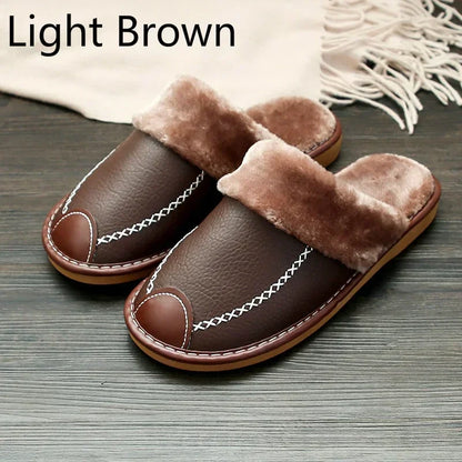 Men & Women Winter PU Leather Slippers — Black Waterproof Indoor Home Shoes, Warm Cozy House Slippers