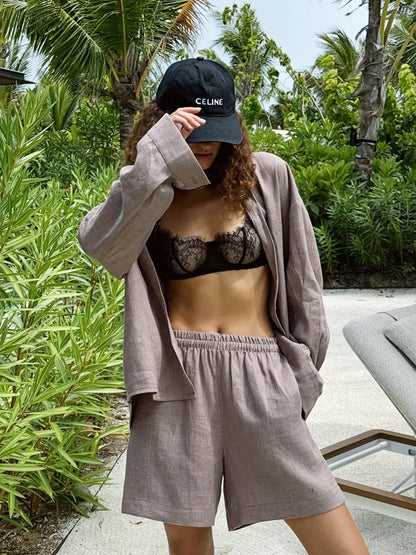 Bornladies Women’s Cotton Two-Piece Set – Solid Color Long Sleeve Shirt & Elastic Waist Shorts for Casual/Vacation