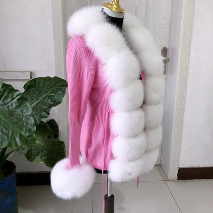 Women’s Spring & Autumn Sweater Cardigan – Real Fox Fur Collar Jacket, Natural Fur Outerwear