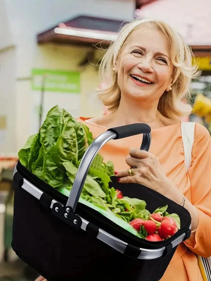 Folding Insulated Meal & Shopping Basket — Portable Handheld Cooler Bag for Outdoor Lunch, Ice Pack, and Food Delivery