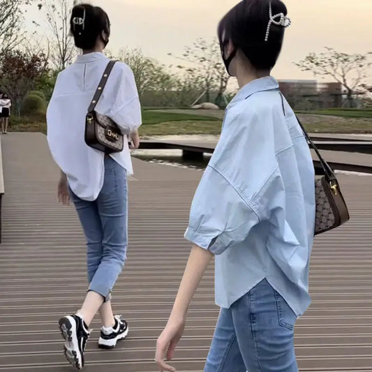 2025 Women’s Cotton Mid-Sleeve Loose Blouse – Casual Irregular Summer Shirt Korean Fashion
