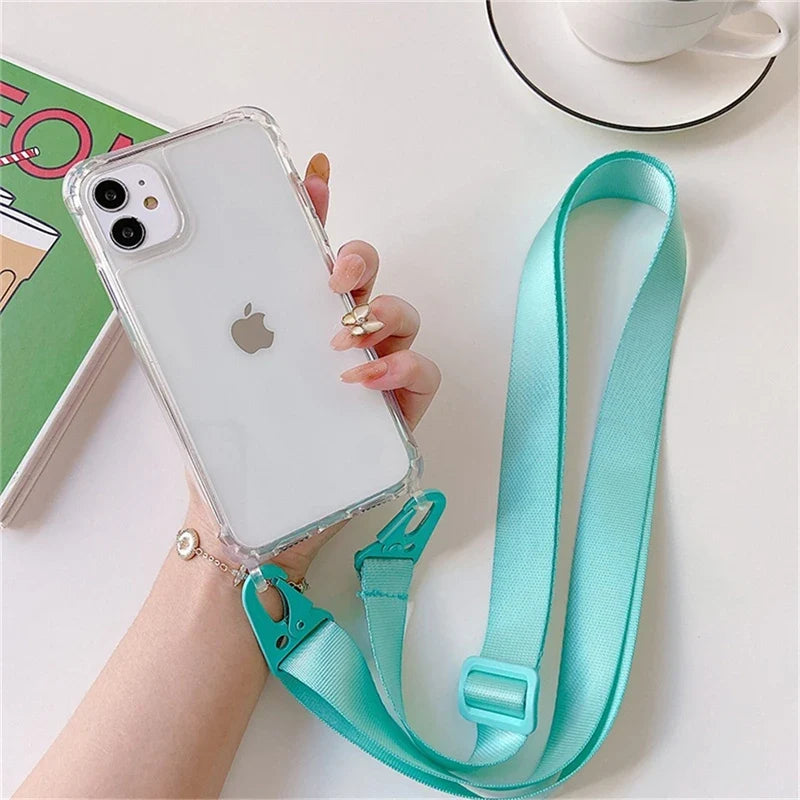 Crossbody Shoulder Strap Phone Case - Transparent Shockproof Cover for iPhone 17 Air, 16, 15, 14, 13 Pro Max & More