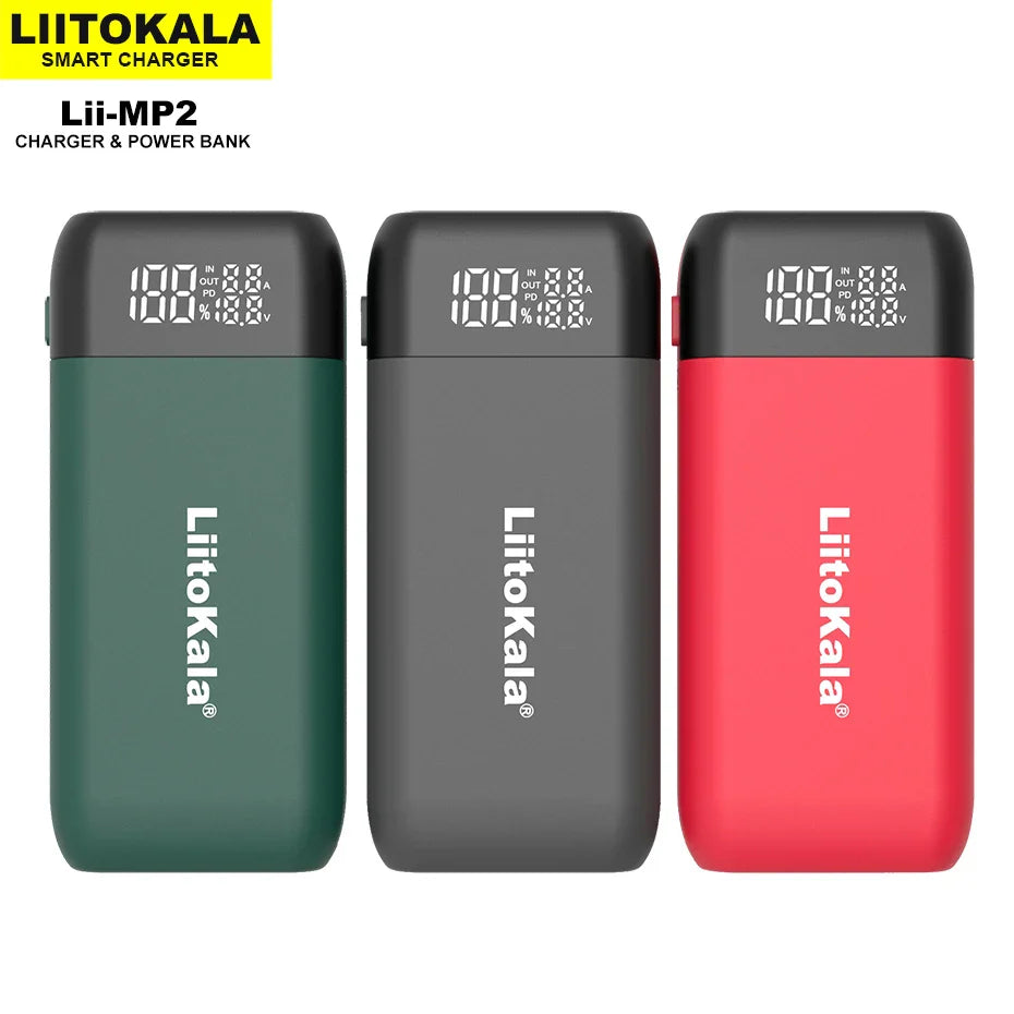 LiitoKala Lii-MP2 Battery Charger & Power Bank - 18650/21700 Rechargeable with QC3.0 Input/Output & Digital Display
