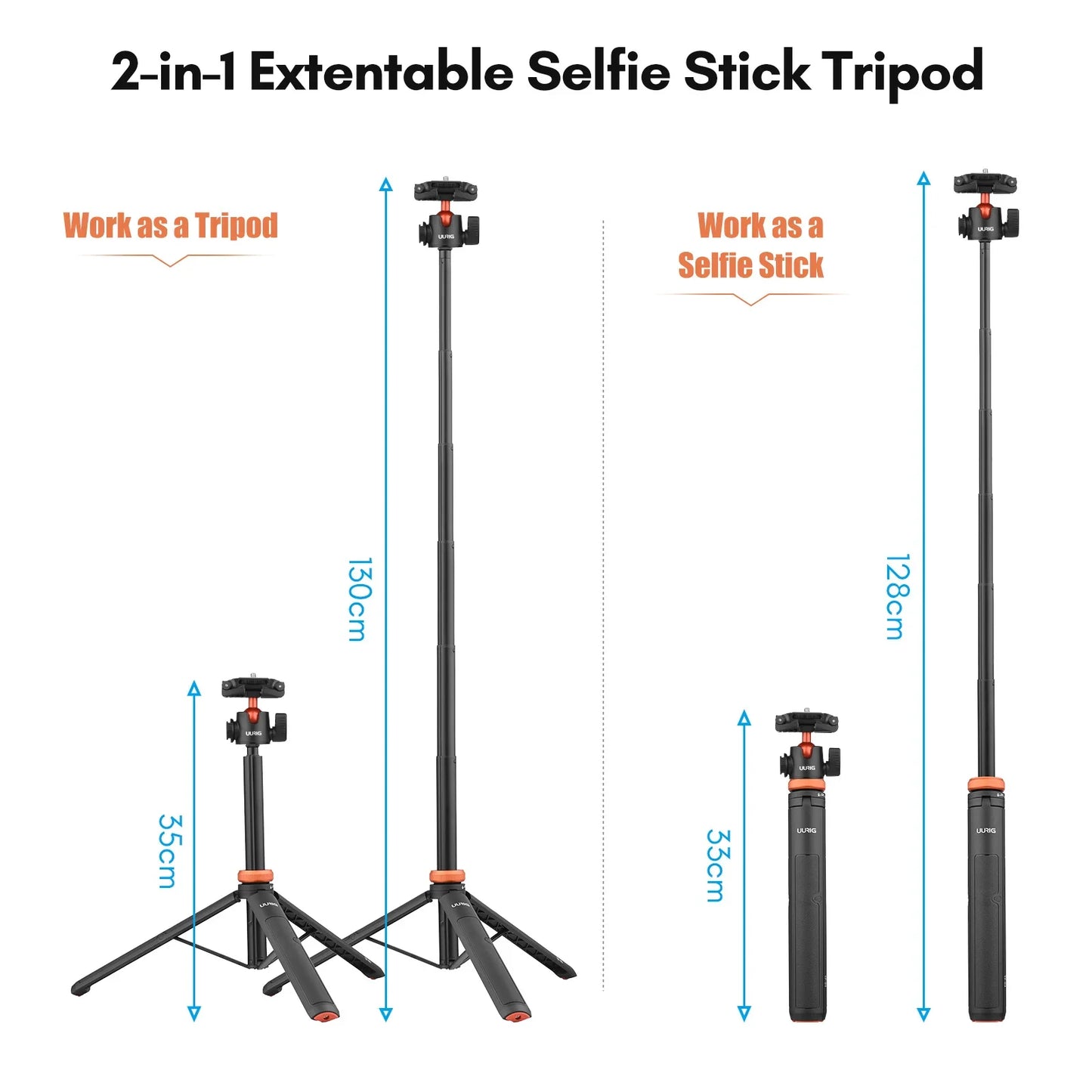 UURIG TP-02/TP-03 Selfie Stick Tripod — Flexible Ball, 130cm Max Height with 1/4'' Screw for Smartphone & Camera Vlogging