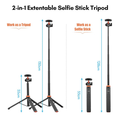 UURIG TP-02/TP-03 Selfie Stick Tripod — Flexible Ball, 130cm Max Height with 1/4'' Screw for Smartphone & Camera Vlogging