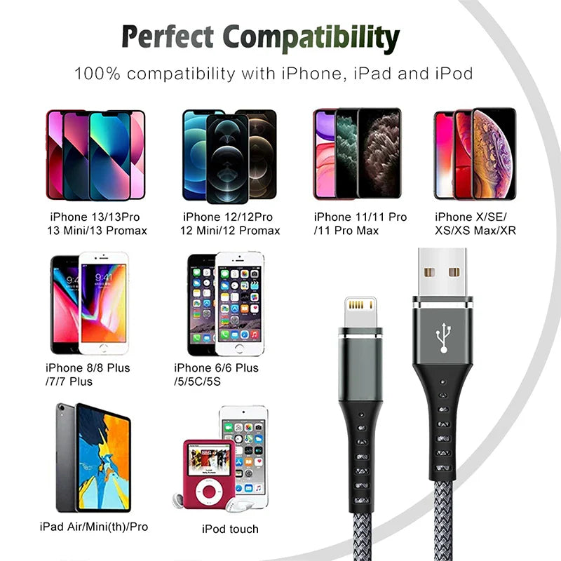 Original Lightning Cable USB – Fast Charging Wire for iPhone 14-6S Plus, X, XR, XS, 13, 12, 11 Pro Max, SE, Nylon Braided Charger Cord