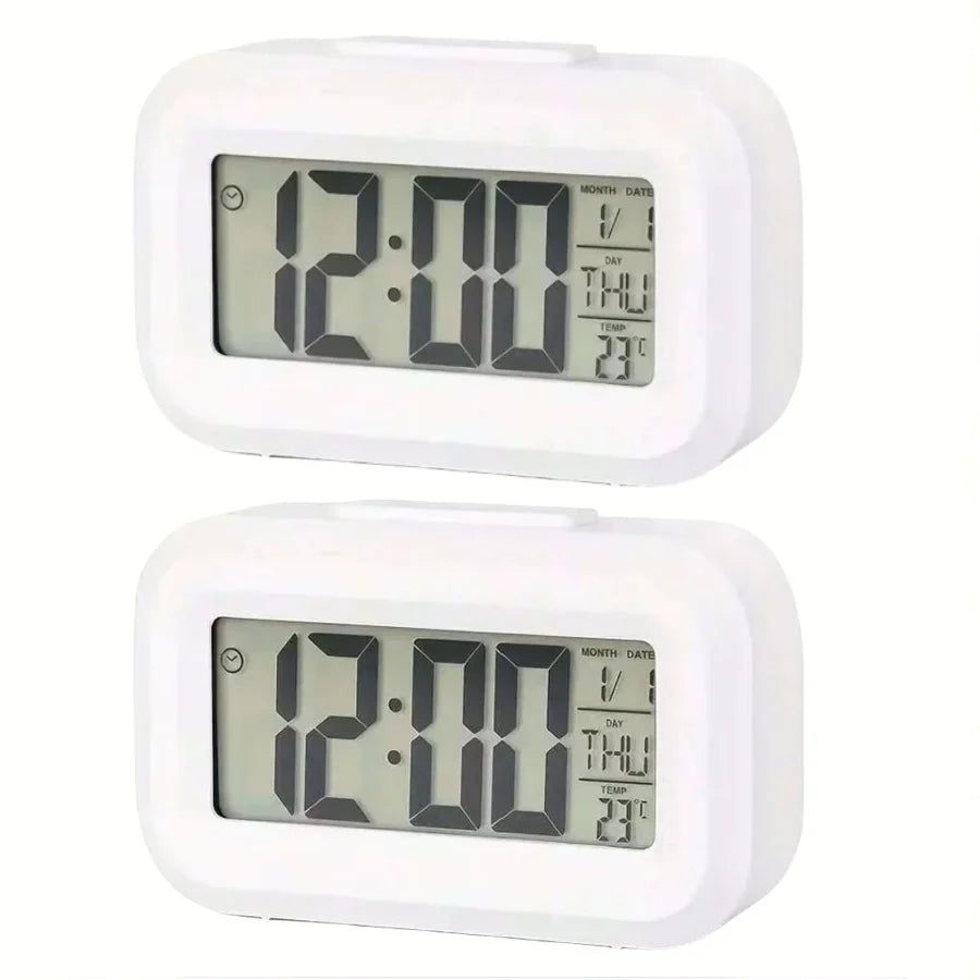 Smart Digital Alarm Clock – Black & White LCD with Temperature, Calendar, Timer & LED Light for Bedroom or Office (No Battery)