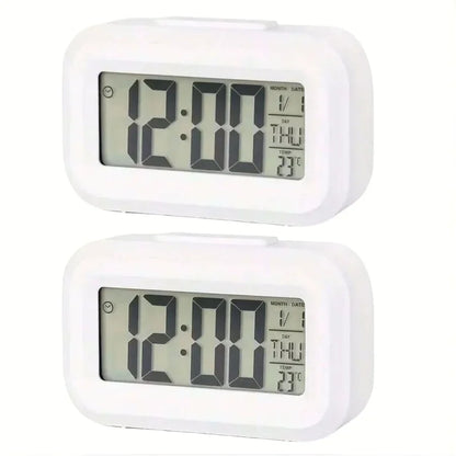 Smart Digital Alarm Clock – Black & White LCD with Temperature, Calendar, Timer & LED Light for Bedroom or Office (No Battery)