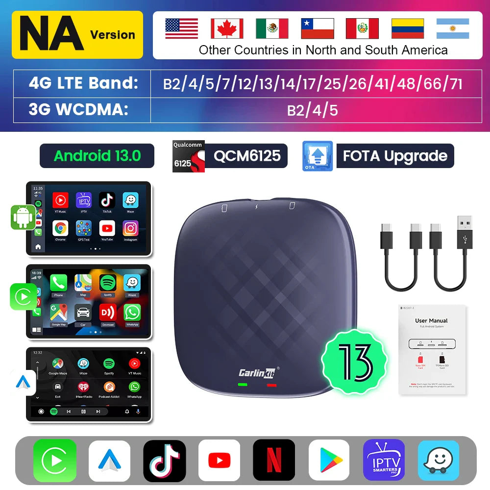 Carlinkit CarPlay AI TV Box Plus — Android 13, 8+128GB, 8-Core QCM6656125, Wireless CarPlay & Android Auto with YouTube, Netflix, 4G LTE