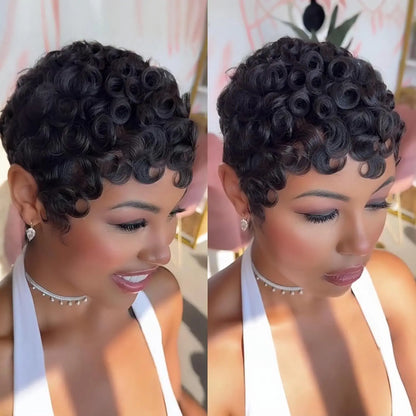 Short Layered Pixie Curly Human Hair Wig with Bangs – Glueless Full Machine Made Natural Look (4# 99J Color)