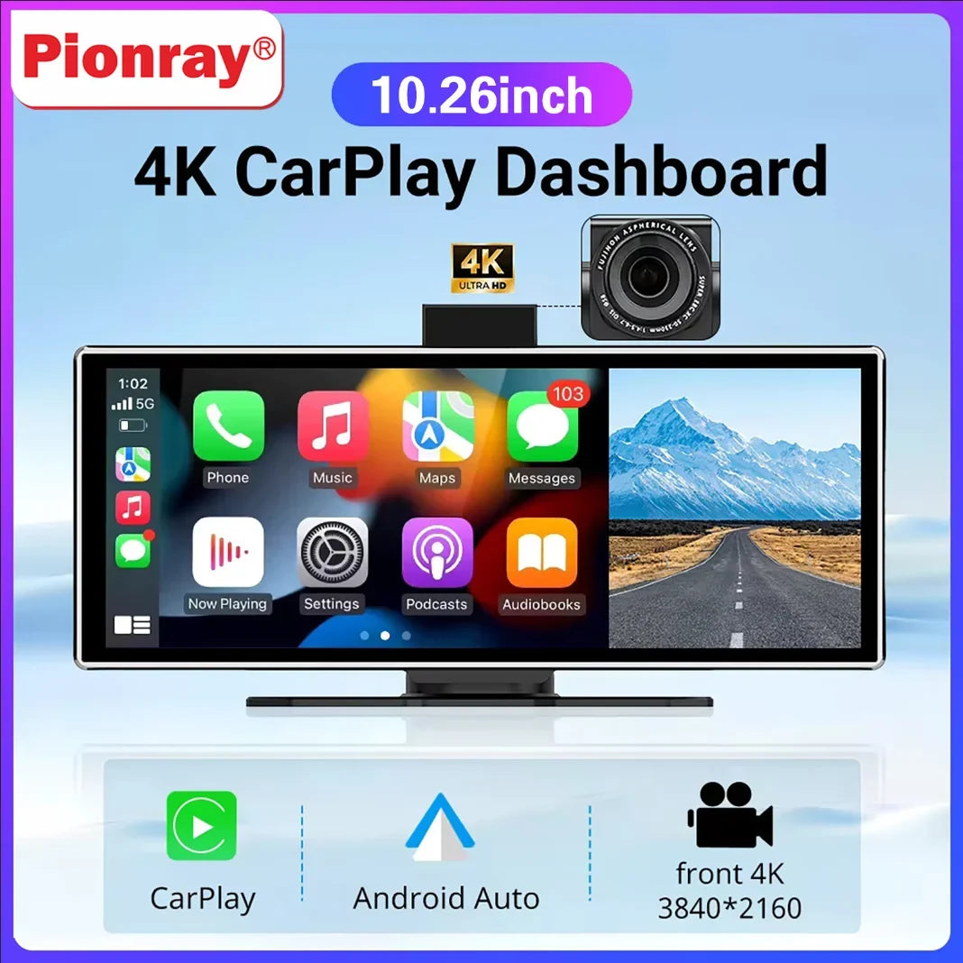 10.26" CarPlay Android Auto Car Stereo - IPS Touchscreen Multimedia Player with AUX, USB & Reversing Camera Support