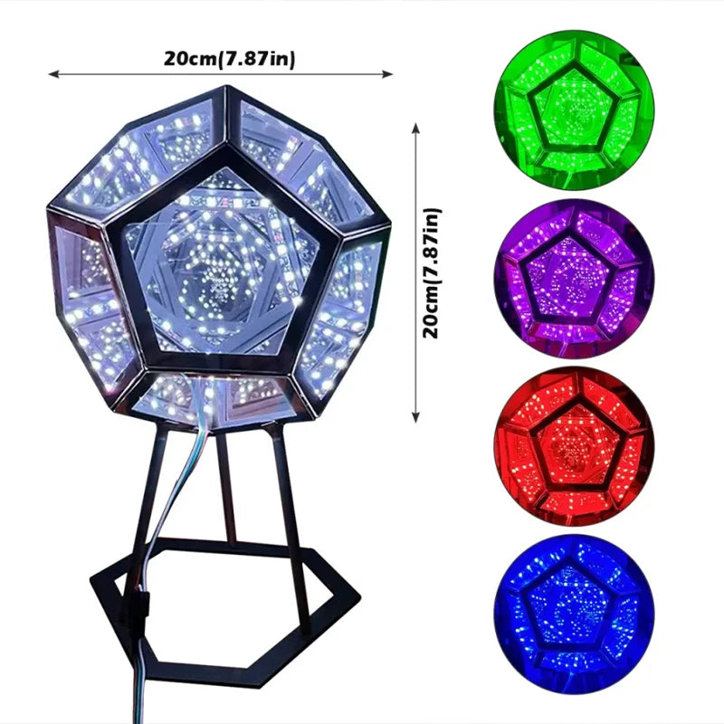 Dreamy Geometric Space LED Night Light Infinity Dodecahedron Mirror Art Lamp with Stand – Creative Color Changing Decor Gift for Christmas & Birthday