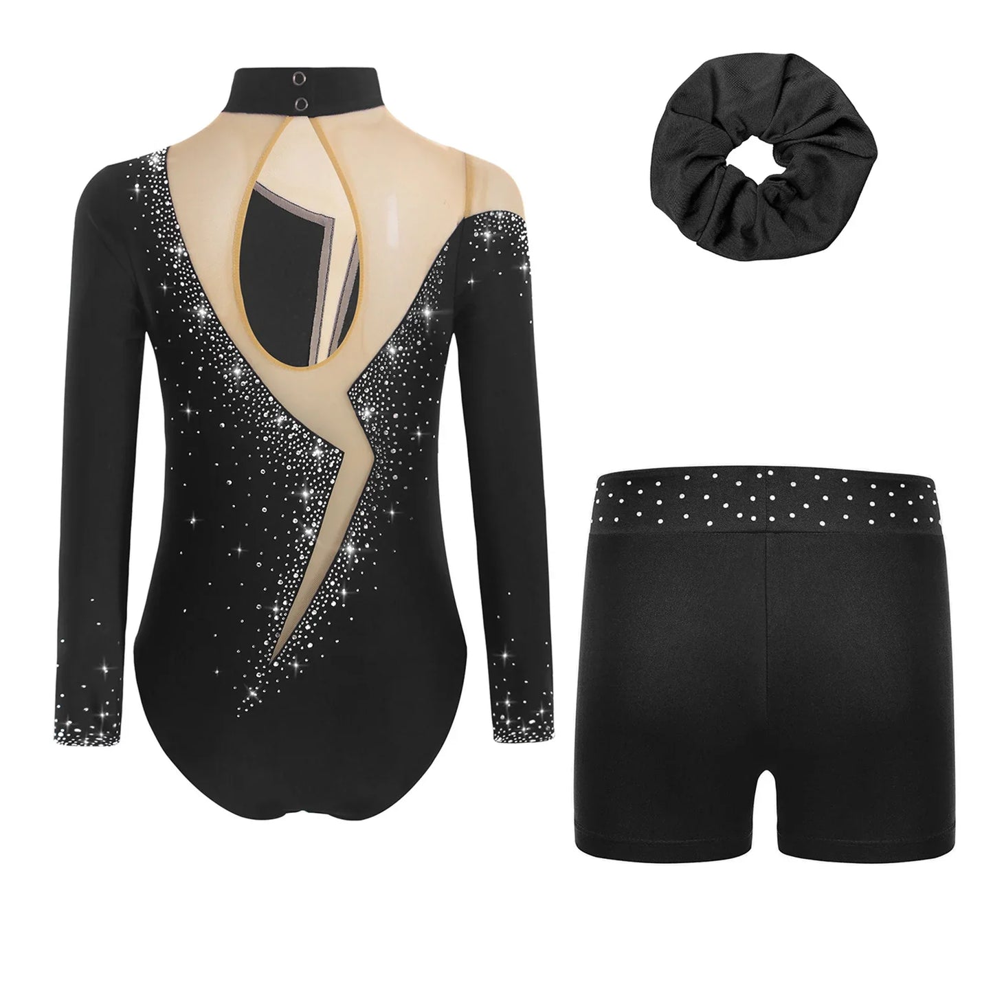 Kids Girls Long-Sleeve Ballet Leotard with Body Shorts & Hair Band — Gymnastics Dance Bodysuit
