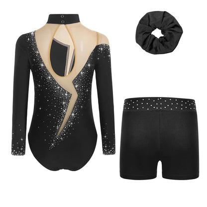 Kids Girls Long-Sleeve Ballet Leotard with Body Shorts & Hair Band — Gymnastics Dance Bodysuit