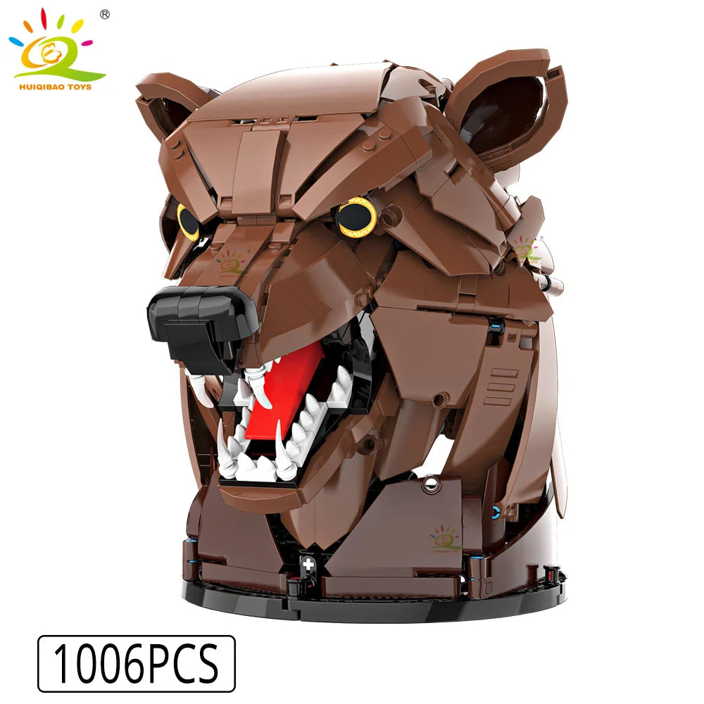 HUIQIBAO MOC Animal Head Building Blocks — Wolf, Deer & Eagle Wall Decor Sculpture Toy