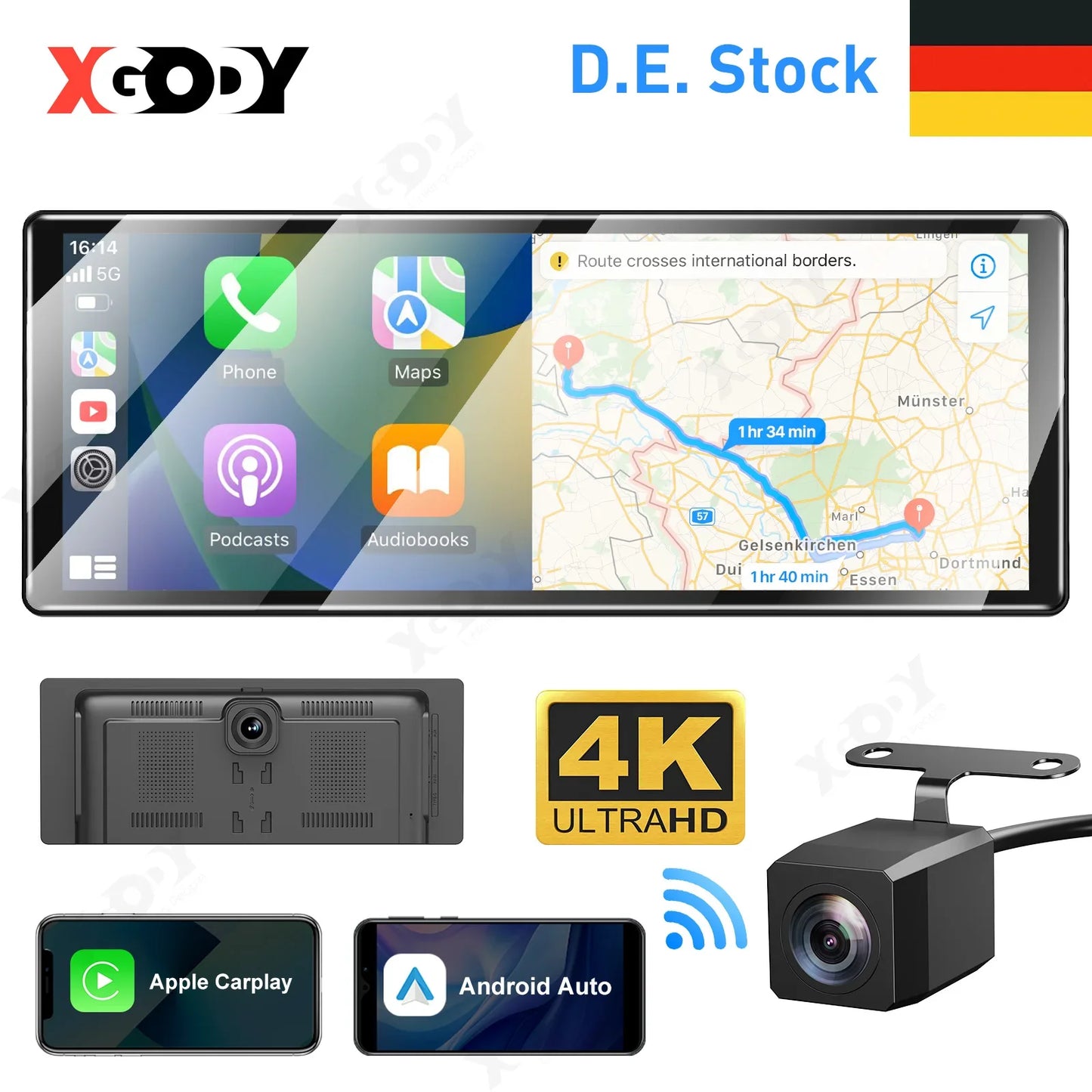 XGODY 11.3" 4K Dash Cam – Wireless CarPlay, Android Auto, ADAS, GPS, Bluetooth, AUX DVR