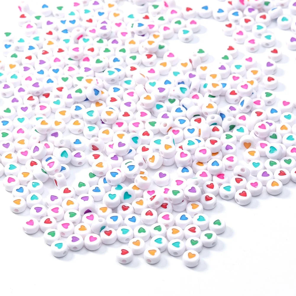 100Pcs 7mm Acrylic Flat Round Beads – Colorful Heart Pattern Spacer Beads for DIY Bracelet & Earring Jewelry Making Supplies
