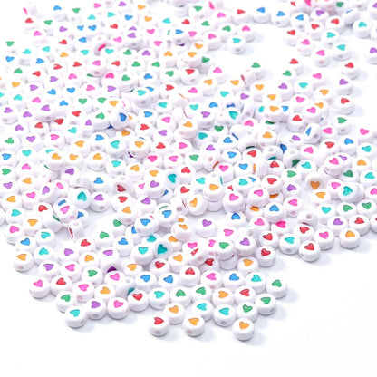 100Pcs 7mm Acrylic Flat Round Beads – Colorful Heart Pattern Spacer Beads for DIY Bracelet & Earring Jewelry Making Supplies