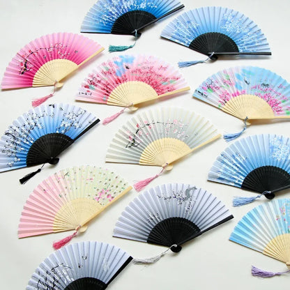 Chinese Japanese Silk Folding Fan with Wooden Shank - High-Quality Tassel Elegance for Home Decoration and Classical Dance