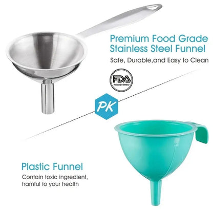Set of 4 Stainless Steel Funnels with Cleaning Brush - 304 Grade Small Funnel Set for Essential Oils, Liquids, Spices, and Fluids