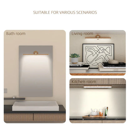 Wooden LED Night Light Mirror Front Fill Light: Portable Rechargeable Magnetic Wall Lamp for Bedroom - Bedside Lamp with Touch Switch