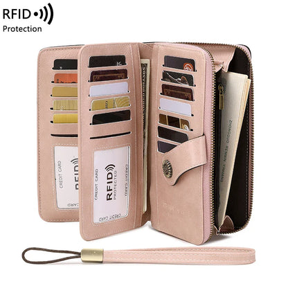 RFID Anti-Theft Retro Large Capacity Women's Wallet – Multi-Card Zipper Wallet with Wrist Strap