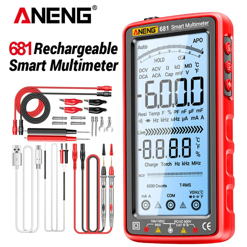 ANENG 681 Rechargeable Digital Multimeter — Professional Non-Contact AC/DC Voltage & Current Tester with LCD Screen