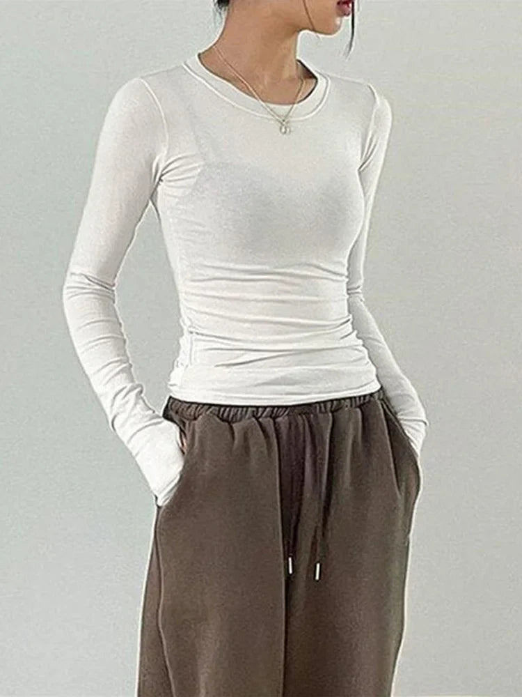 Women's Casual Slim Fit Long Sleeve T-Shirt – O-Neck Solid Color Thumb Hole Streetwear Top for Spring & Fall