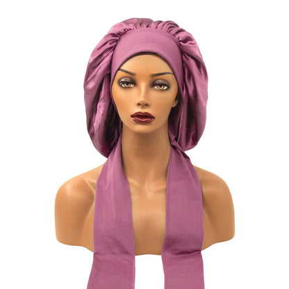 Satin Nightcap for Women - Wide Stretch, Extra-Large Long Tail, Shower Cap with Ribbon, Round Hat Hair Bonnet