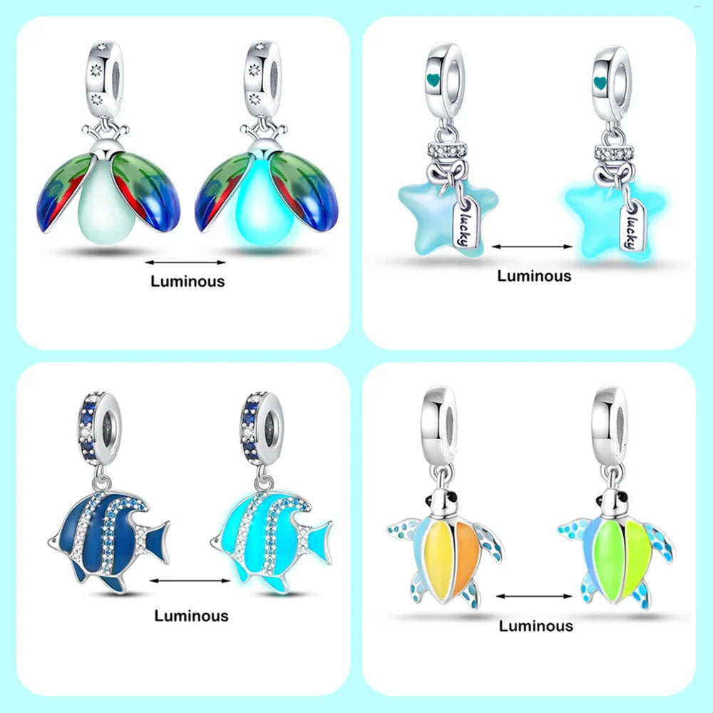 Chameleon Luminous Firefly & Butterfly Silver-Plated Charms - 925 Silver for DIY Bracelet Jewelry Making