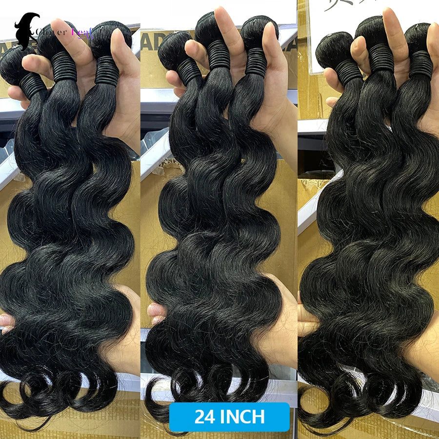 24 Inch Body Wave Bundles with Closure – Brazilian Hair Weave, 3 Bundles with 4x4 Closure, Natural Human Hair
