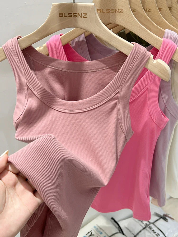 Women’s Ribbed Tank Top Camisole – Solid Color Round Neck Elastic O-Neck Basic Summer Sleeveless Top