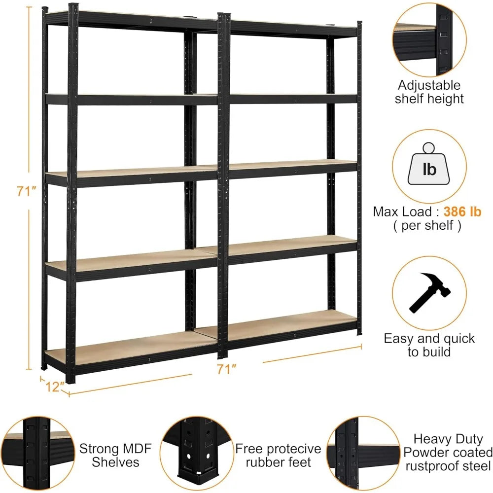 2PCS 5-Tier Adjustable Metal Storage Shelves – Heavy-Duty Utility Racks for Garage & Home