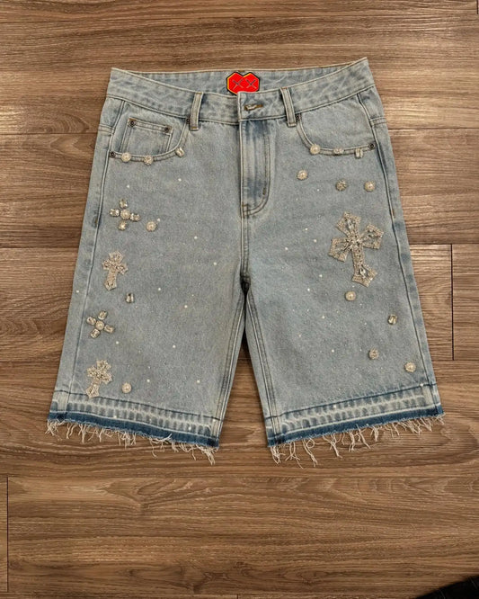 Y2K Gothic Rhinestone Denim Shorts — Diamond Cross Embroidered Hip Hop Jorts for Men & Women