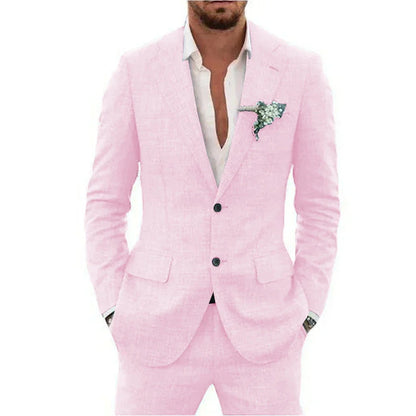 Men's Linen Suit Set - Slim Fit Notched Lapel 2 Piece Wedding & Beach Tuxedo Outfit For Summer Casual Formal Wear