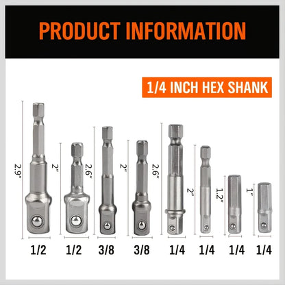 Drill Socket Adapter Set 1/4'' Hex Shank Extension – 1/2'' 3/8'' 1/4'' Square Drive Impact Driver Tool