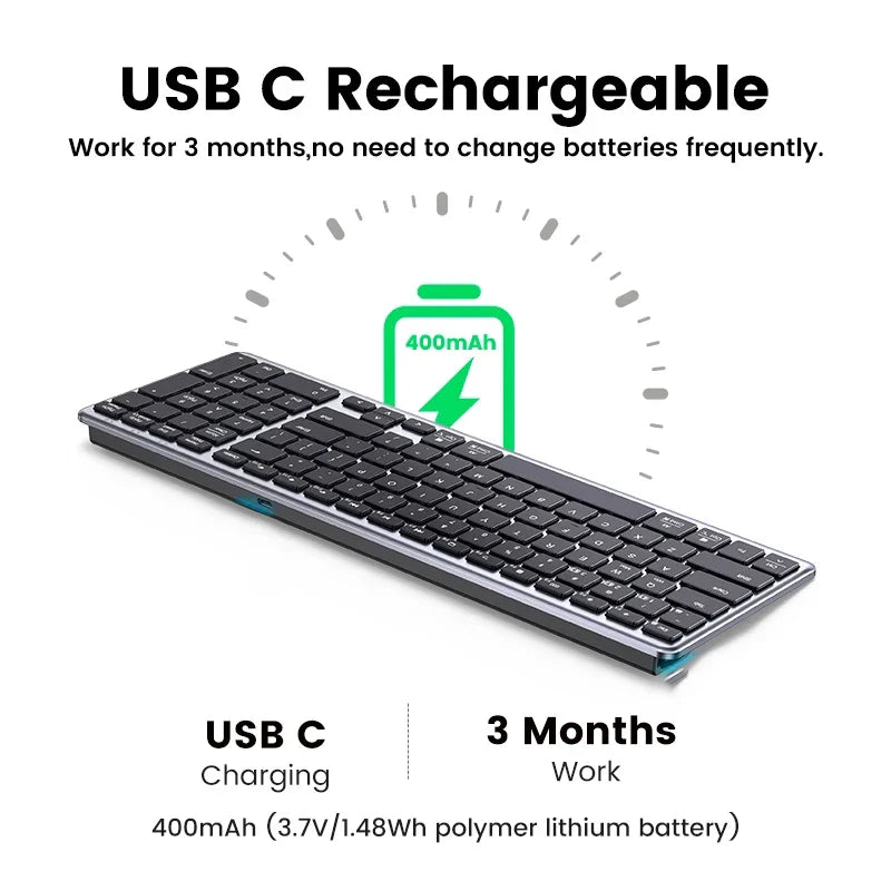 Wireless Bluetooth 5.0 & 2.4G Keyboard – 102-Key English Rechargeable USB-C Keyboard for MacBook, iPad, Tablet & PC Accessories