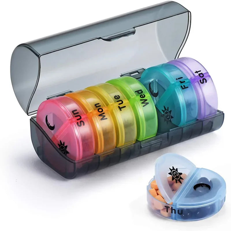 Rainbow 7-Day Pill Organizer — Portable Plastic Weekly Medicine Storage Box for Tablets
